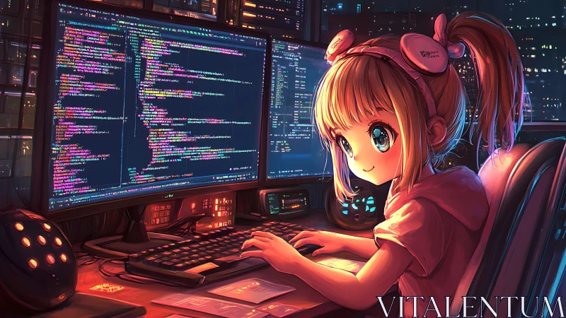 Anime coder girl in neon-lit dual monitor workstation scene.