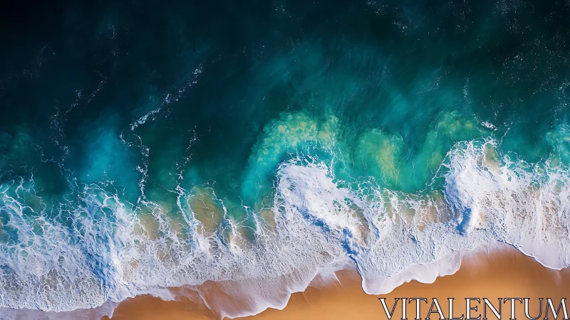Aerial littoral interface with turbulent turquoise wave fields.
