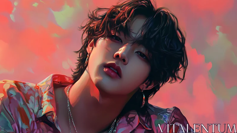 Velvet dusk gaze in neon coral dreamlight portrait.