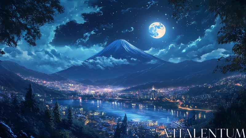 Digital painting nightscape with lunar-lit mountain panorama.
