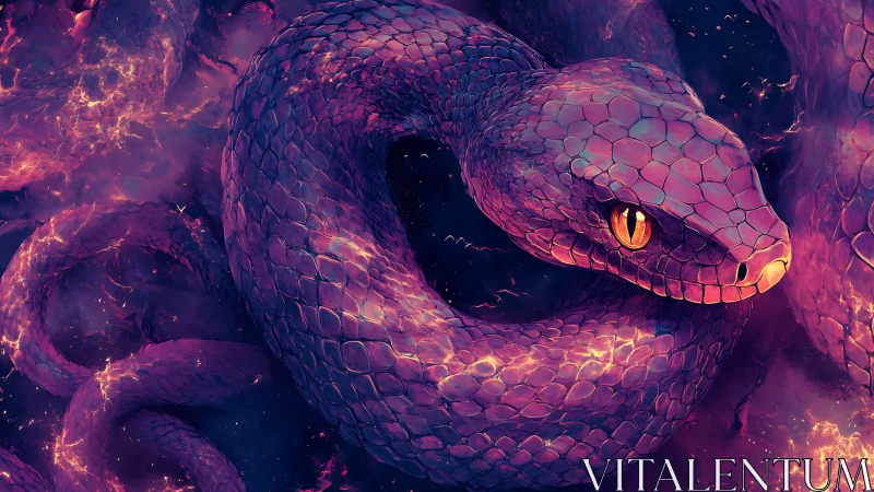 Iridescent serpent coiled in luminescent violet plasma field.