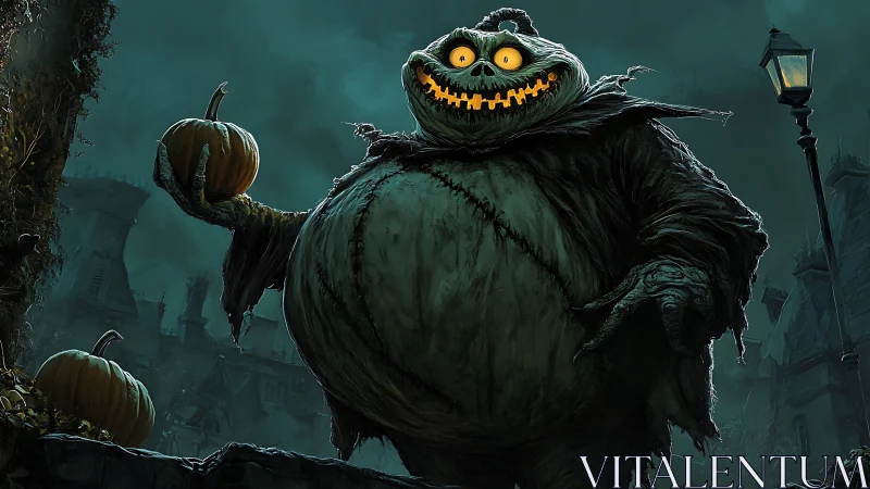 Grinning pumpkin spirit strolls through a spooky village street.