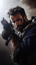 Battle-hardened special forces soldier aims rifle in dust storm.