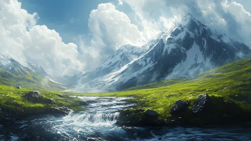 Sunlit alpine meadow with glacial stream and towering peaks.