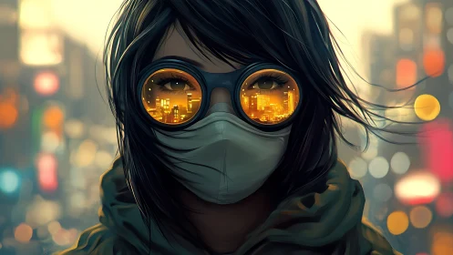 Masked urban wanderer reflected city nightscape vision.