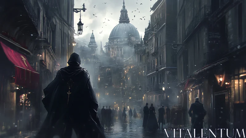 Cloaked figure surveys fog-drenched neoclassical city street at dusk