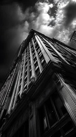 Monochrome skyscraper facade cuts into storm-lit sky.