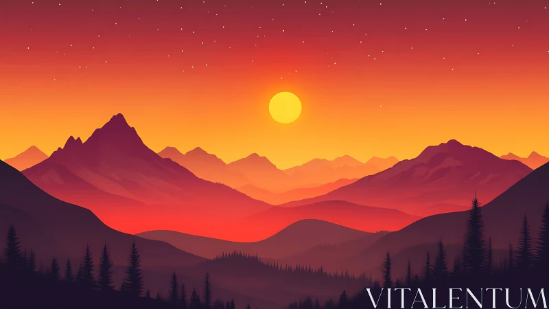 Sunlit crimson mountains under glowing twilight sky.