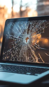 Radiating fracture pattern across shattered laptop screen.