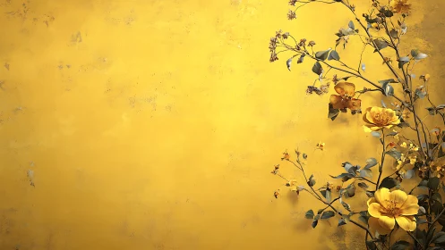 Golden Flowers Against Textured Yellow Wall Background