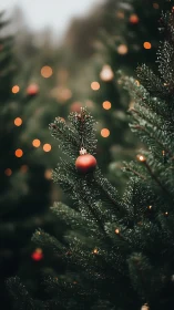 Red ornament on evergreen Christmas tree branch outdoors.