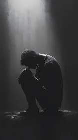 Backlit male silhouette crouching under narrow overhead beam