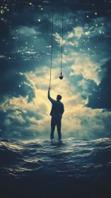 Solitary figure reaches sky rope above dark ocean waves.