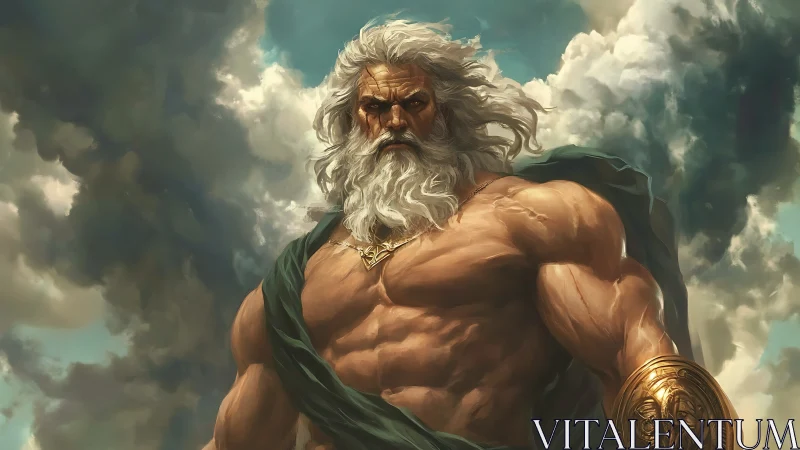 Storm-clad sky god towers above swirling divine clouds.