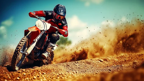 Motocross rider cornering on dirt track under clear sky.