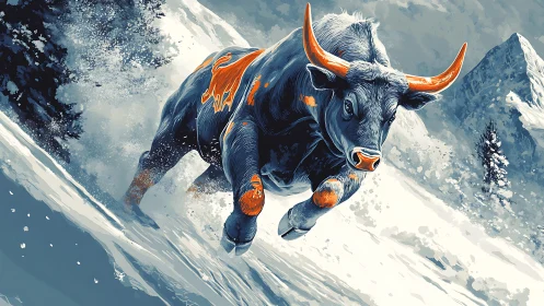 Bull running down snowy mountain slope in stylized view.