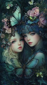 Moonlit butterfly sisters dream quietly inside wild blooms