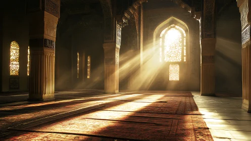Sunlit mosque interior shows patterned carpets and columns