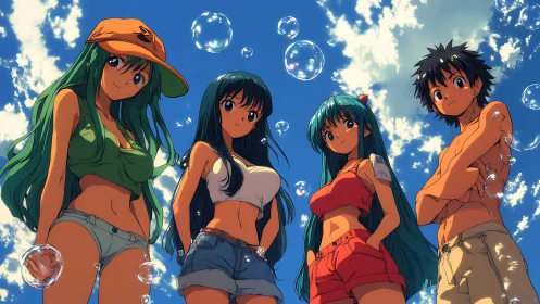 Summer anime group under vibrant blue sky with bubbles.