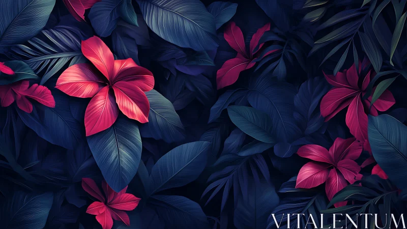 Red tropical flowers overlay deep blue foliage in darkness