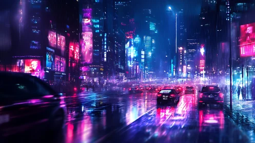 Neon city street glows through rain with dense night traffic