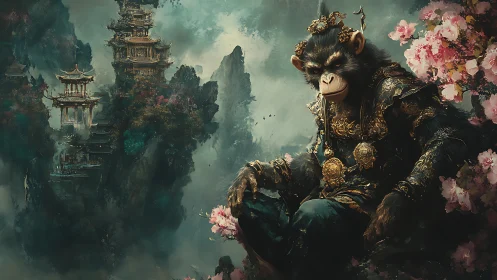 Regal monkey warrior amid misty floating temples panorama.