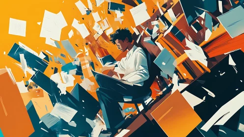 Focused writer navigates explosive storm of ideas.