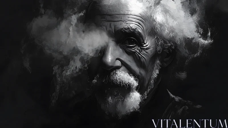 Monochrome portrait of elderly man with obscured left eye.