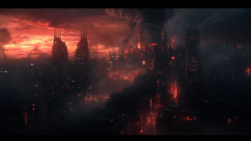 Volcanic red skyline over thermally stressed cyber megacity.