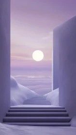 Stairway passes between smooth walls toward sunlit horizon