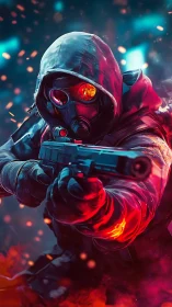 Hooded tactical gunman in neon-lit inferno with embers.