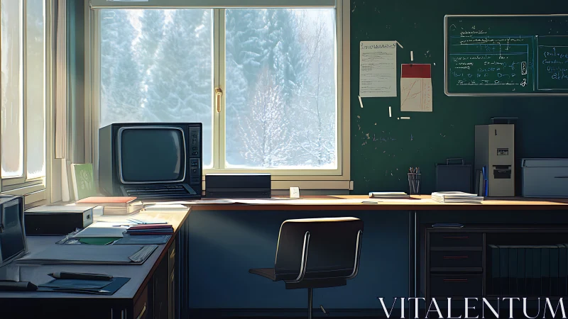 Sunlit retro office with winter window and old monitor.