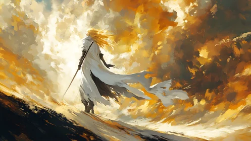 Sword-bearing figure stands against turbulent fiery sky