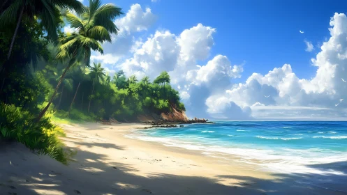 Tropical Beach Paradise With Palm-Lined Shore.