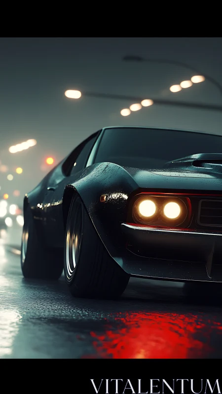 Nocturnal muscle coupe under cinematic wet-street bokeh.