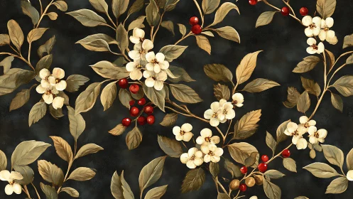 Classical Botanical Composition with Metallic Foliage and Berries.