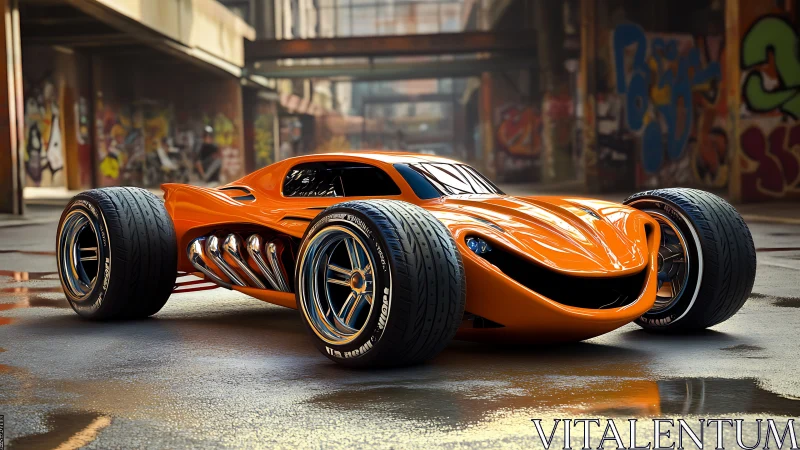 Orange concept race car in urban graffiti environment.