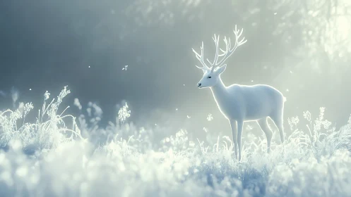 White stag stands in backlit frosted meadow environment