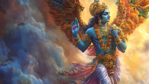 Divine blue deity soaring amid radiant celestial clouds.