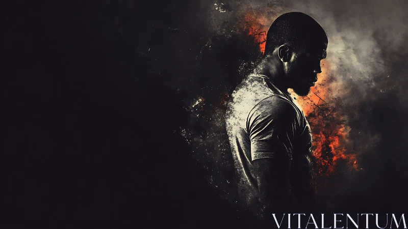 Silhouetted athlete emerges from fiery abstract smoke field