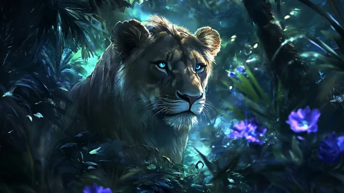 Lioness with blue eyes in dense glowing jungle foliage.