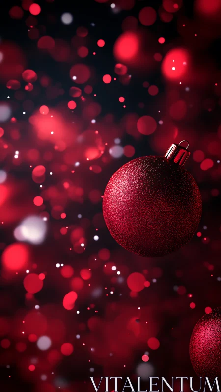Granular red ornament in shallow-depth festive bokeh field.