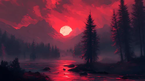 Blood-red moonrise over misted pine valley river. Period.