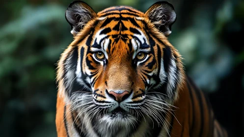 Jungle gaze of a regal tiger in emerald shadowed stillness.