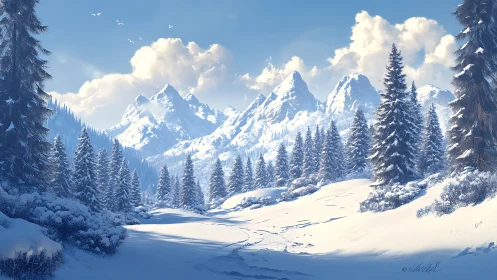 Snow-clad pine valley under crisp alpine morning light.