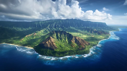 Kauai Coast Panorama with Cliff Formations and Oceanic Conditions.