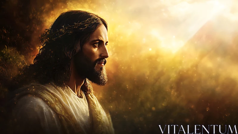 Profile view of robed male figure in golden backlight scene.