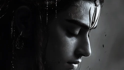 Monochrome devotional portrait renders serene side profile