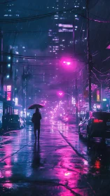 Neon rainwalk under city lights and soft electric skies.