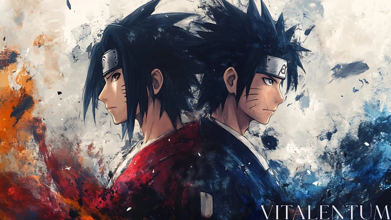 Rival ninjas stand back to back amid split fire and ice